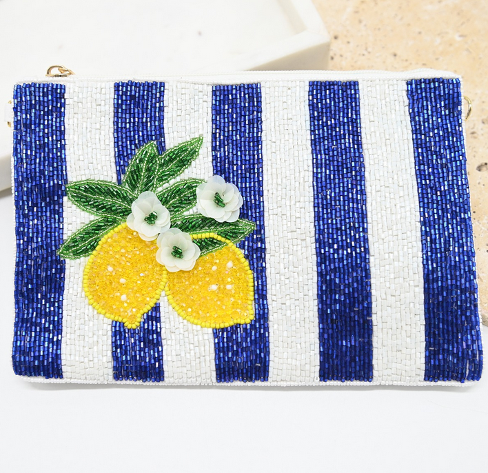 Blue Stripe Lemon Beaded Clutch