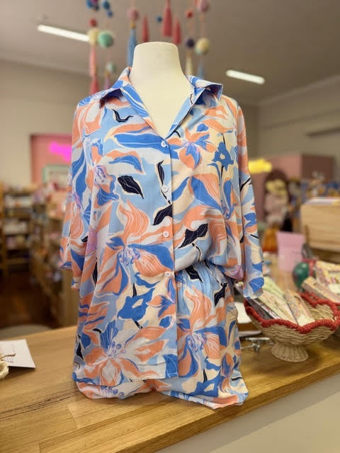 Blue &amp; Peach Floral Short Set