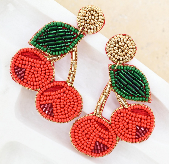 Beaded Red Cherry Earrings