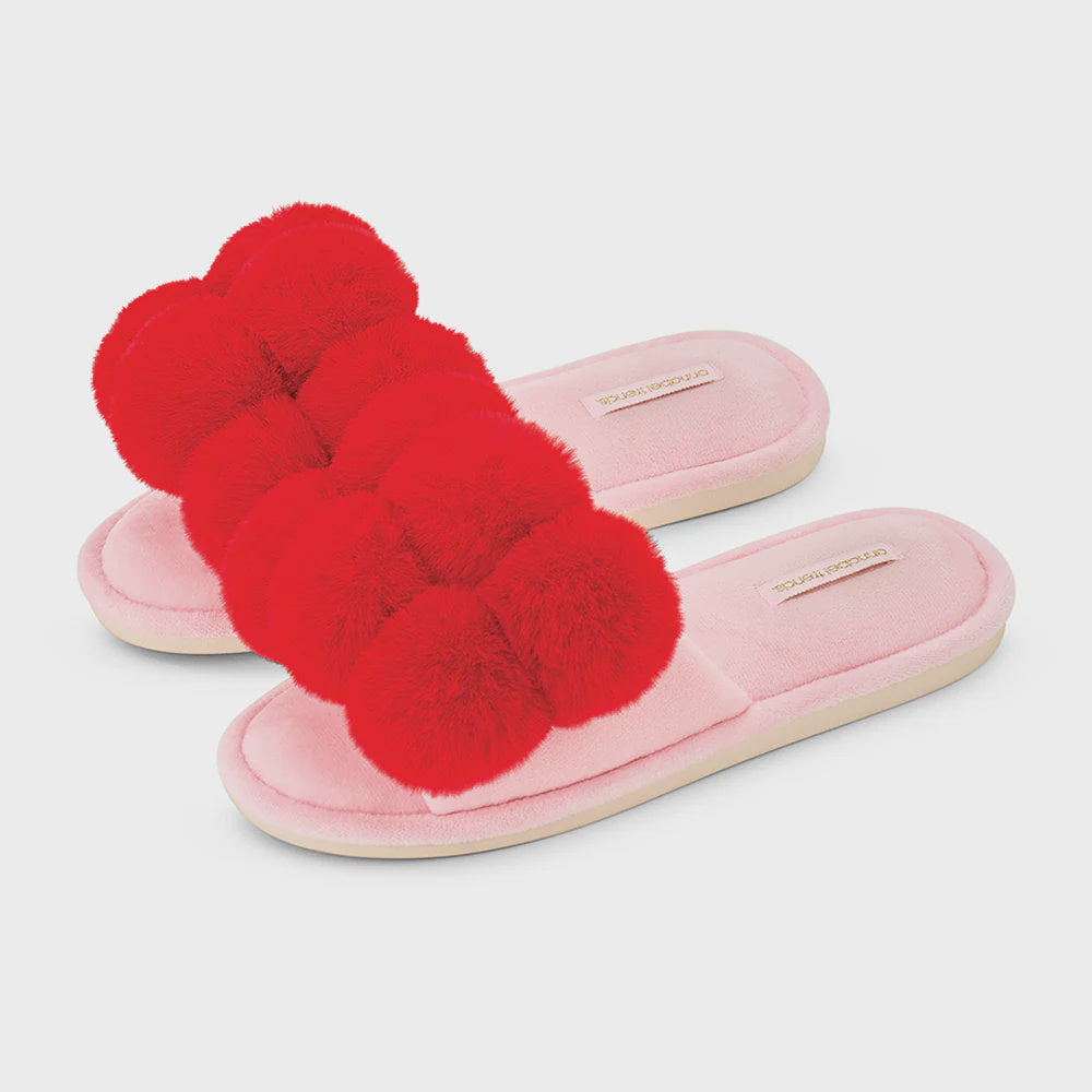 Cosy Luxe Pom Pom Slipper - Cherry Red
