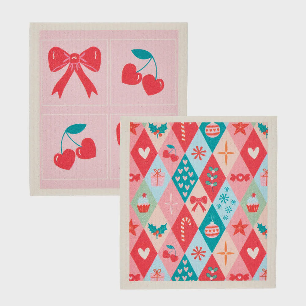 Swedish Style Dish Cloth - Christmas Harlequin/Bows &amp; Cherries