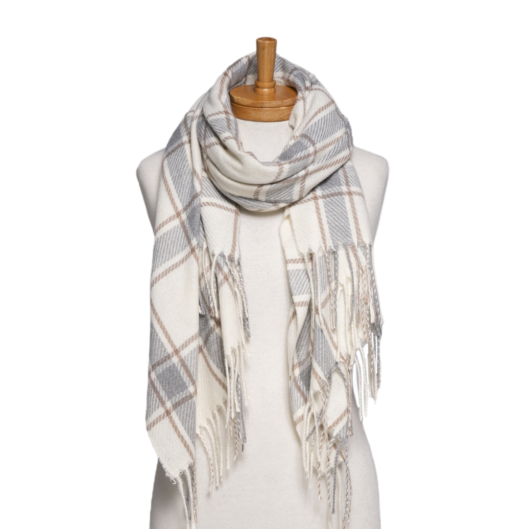 Cream Checked Fringe Scarf