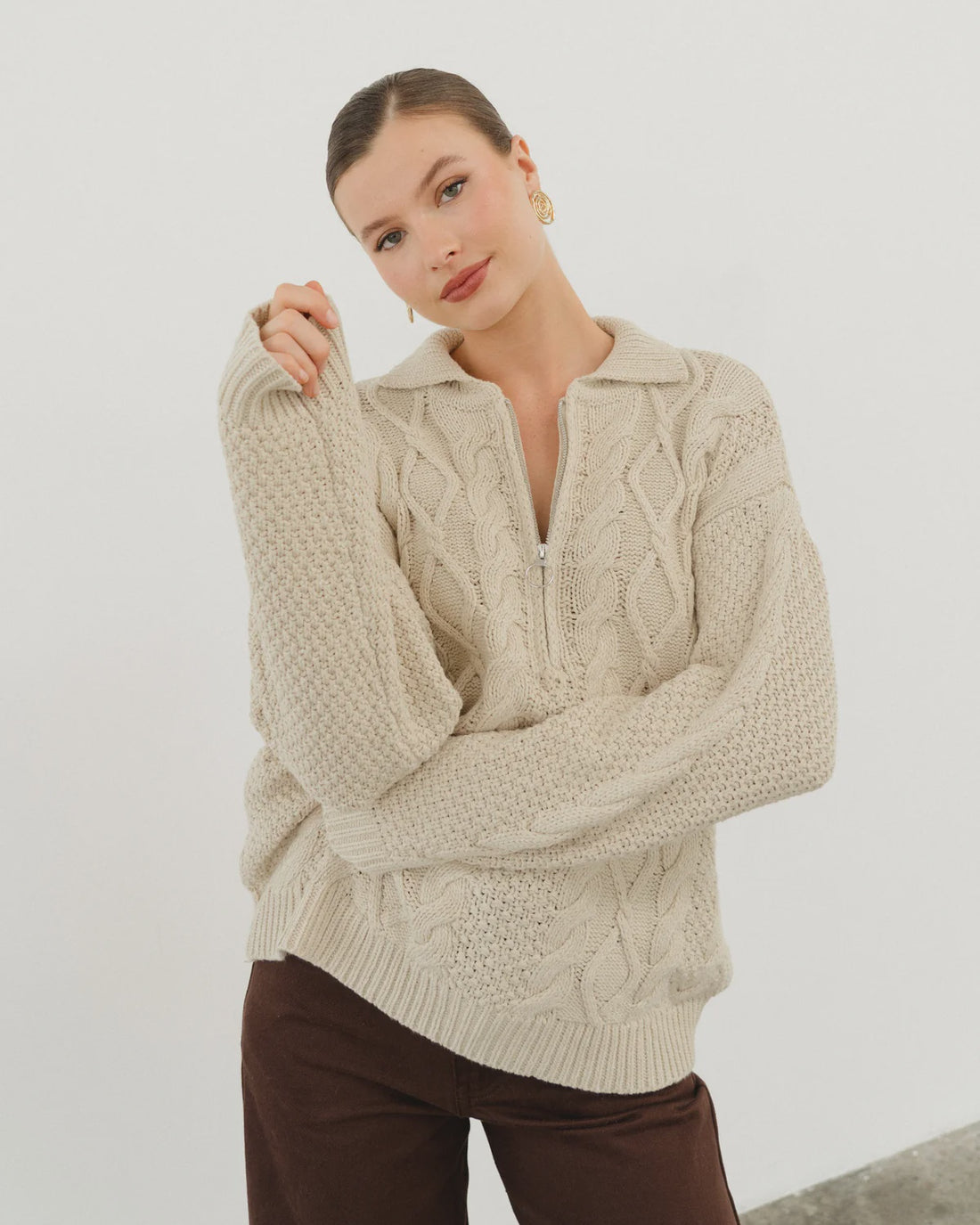 Cypress Zip Neck Cable Knit Jumper - Cream