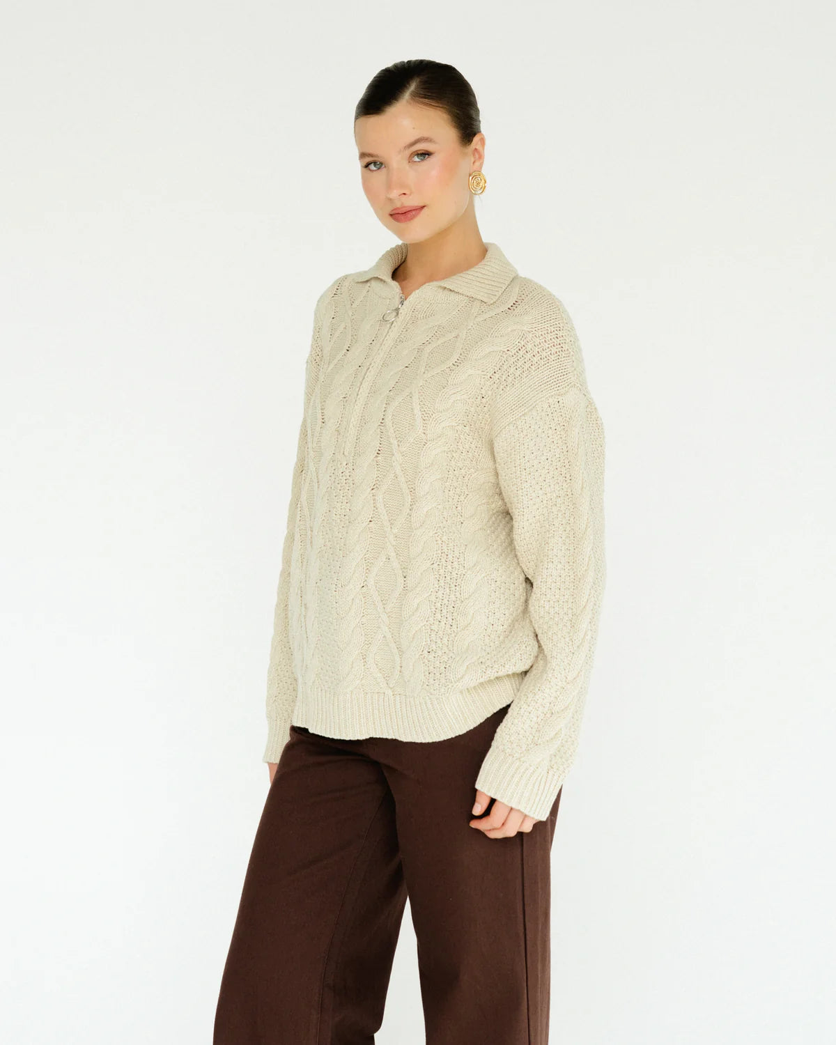 Cypress Zip Neck Cable Knit Jumper - Cream