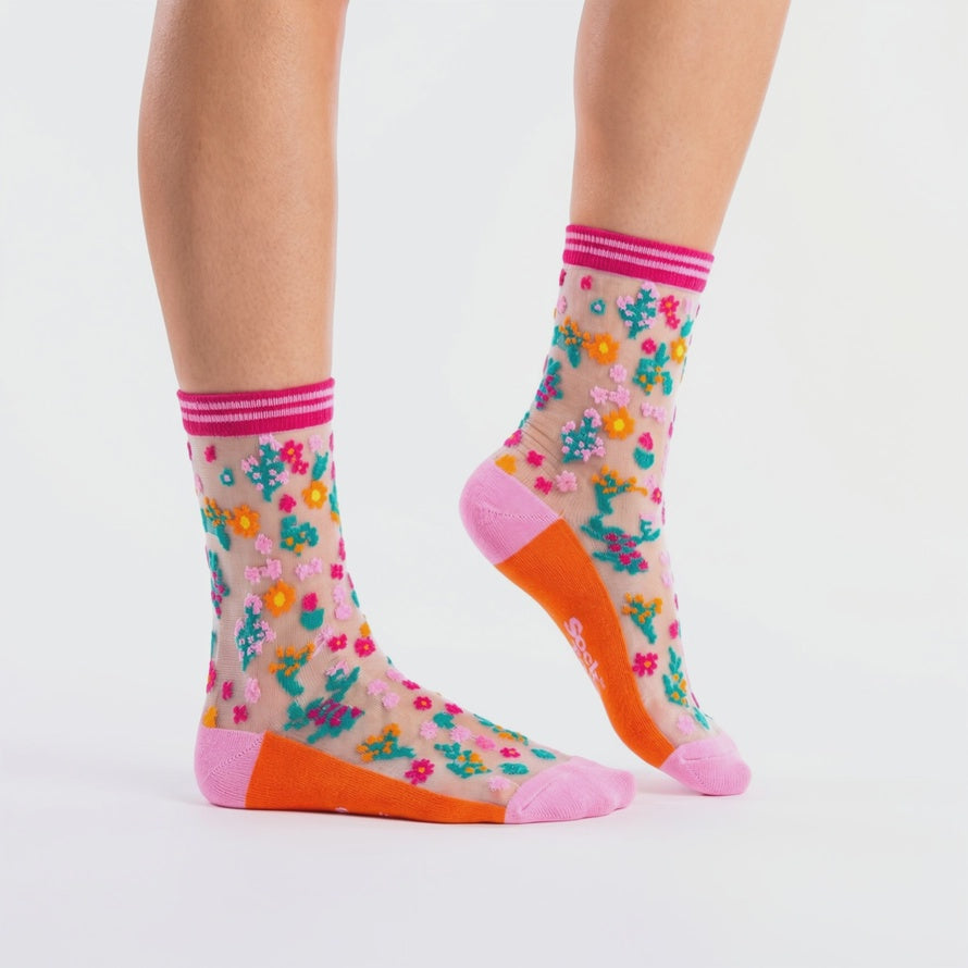 Ditsy Floral Combed Cotton Sheer Pop Socks in Orange