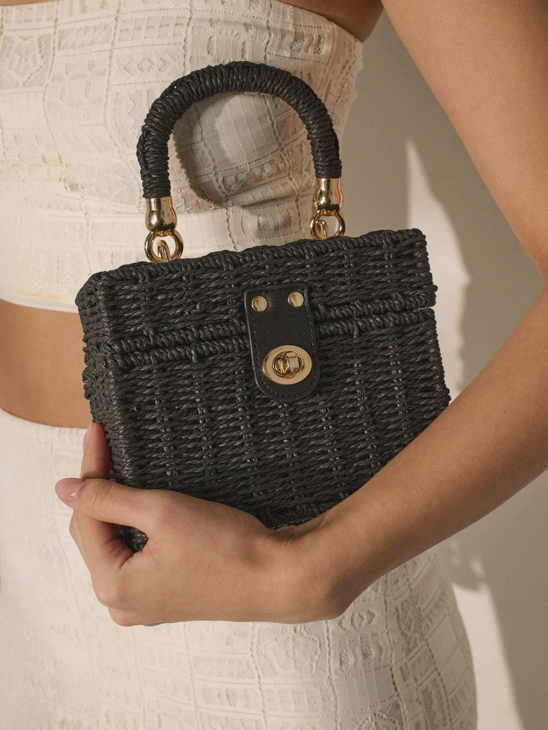 Fawn Rattan Box Clutch - Black