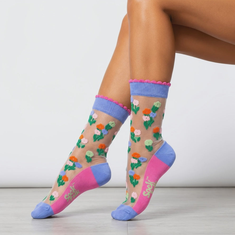 Floral Posy Combed Cotton Sheer Pop Socks in Blue