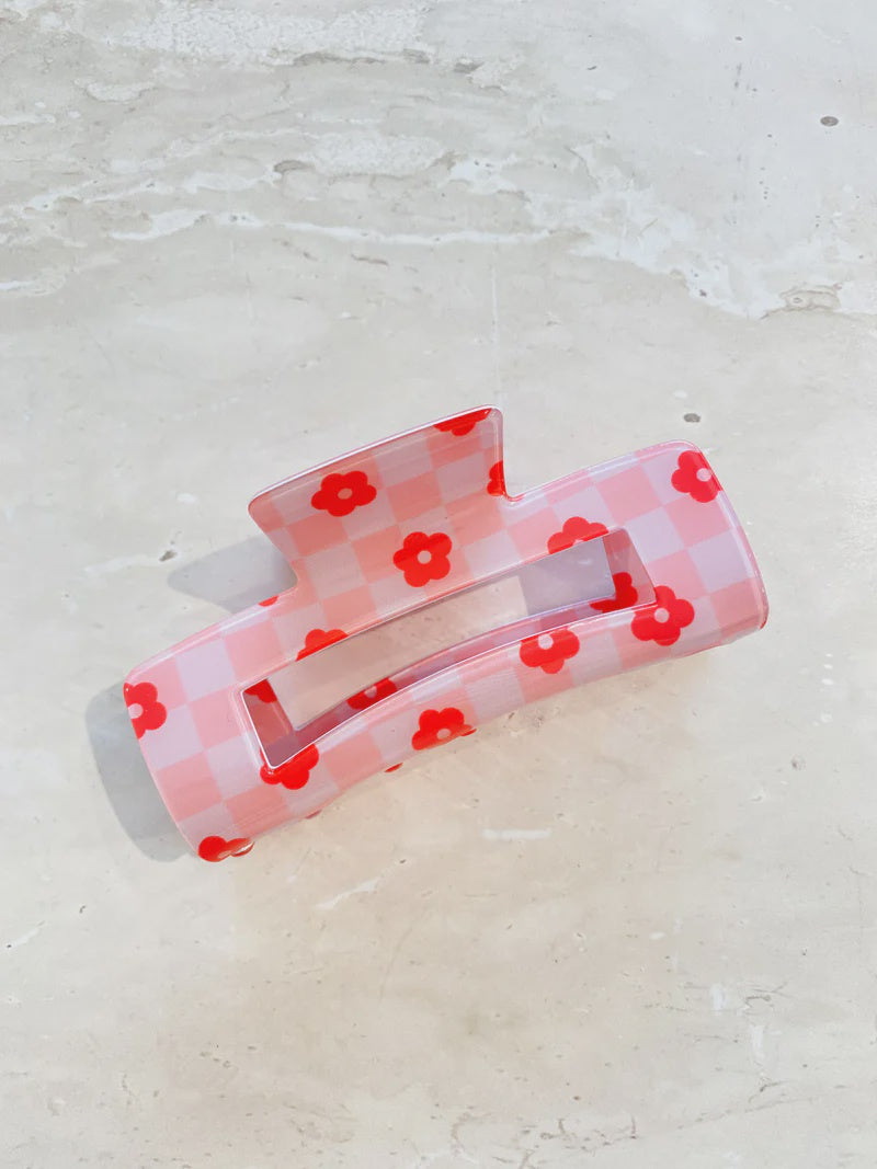 Flower Check Claw Clip - Pink