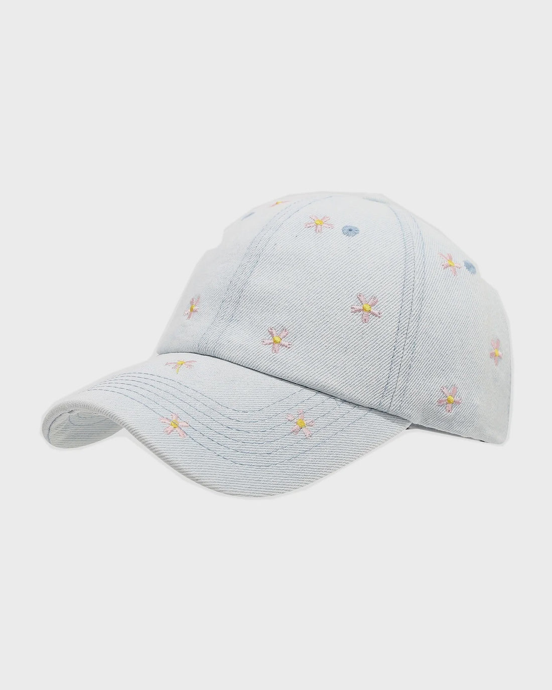 Flower Power Embroidered Denim Cap – Light Wash