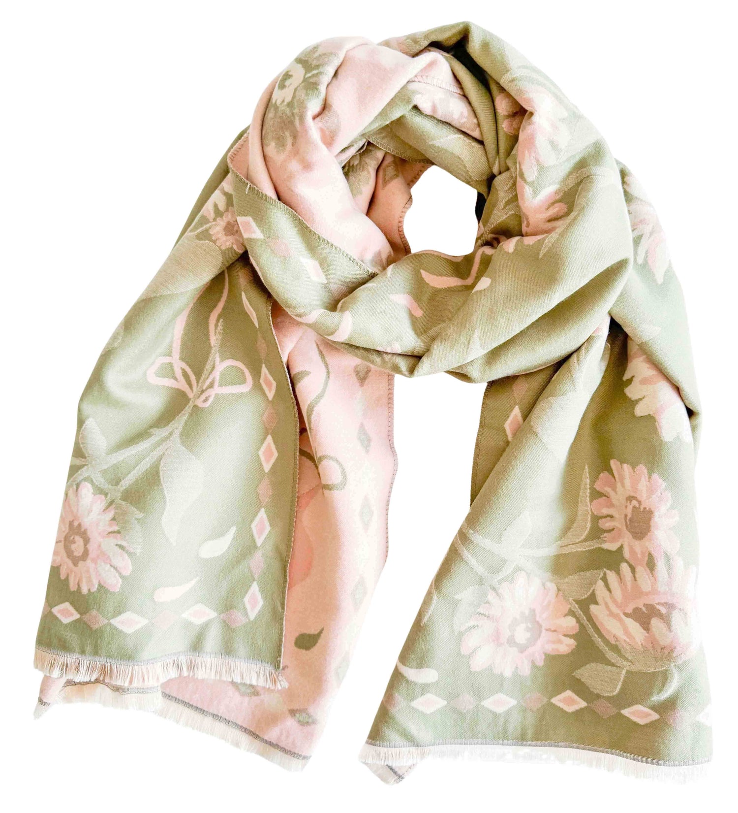 Folk Floral Scarf - Green &amp; Pink