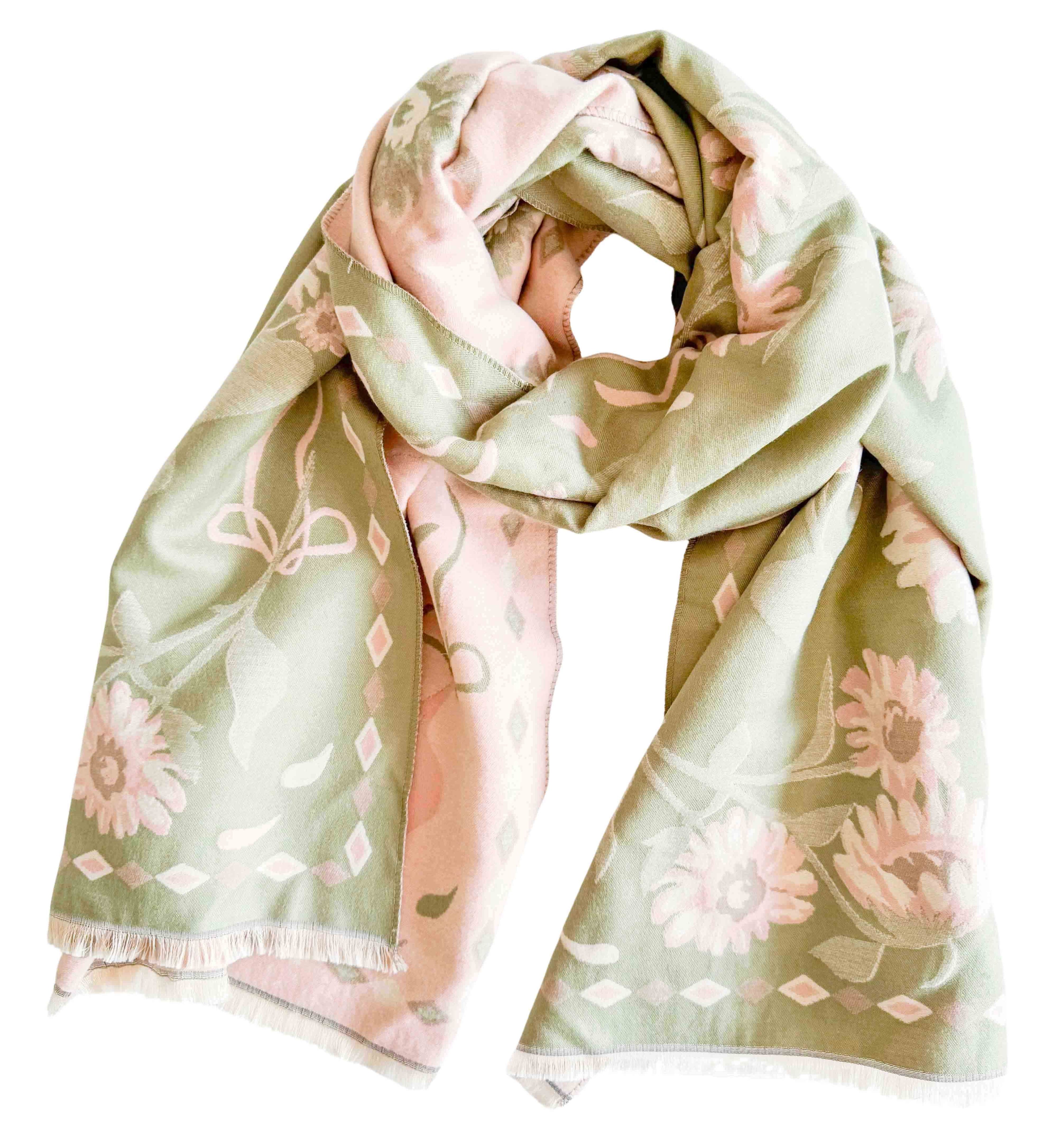 Folk Floral Scarf - Green &amp; Pink