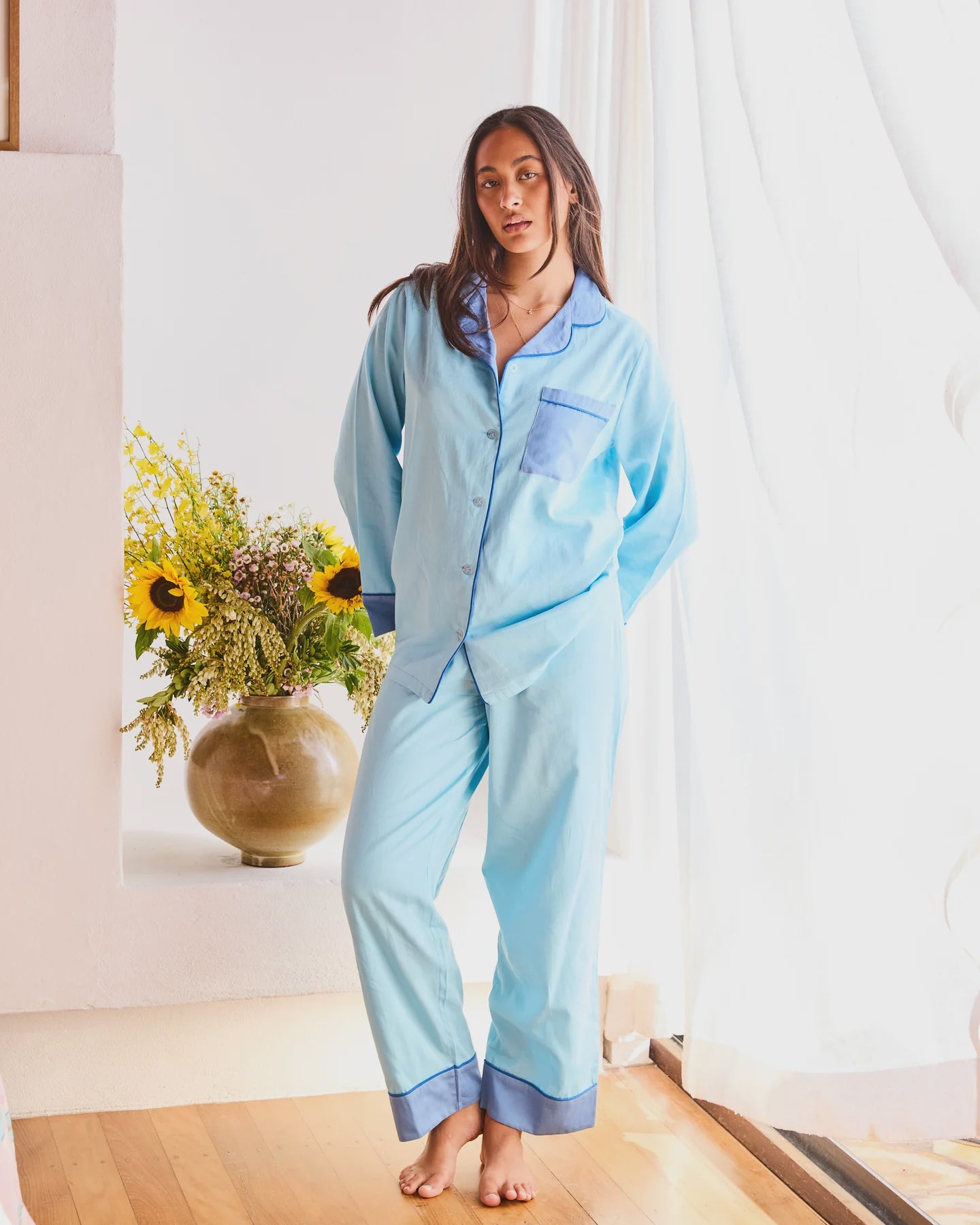 Glow In Blue Adult Bamboo Cotton Long Sleeve Shirt &amp; Pant Pyjama Set