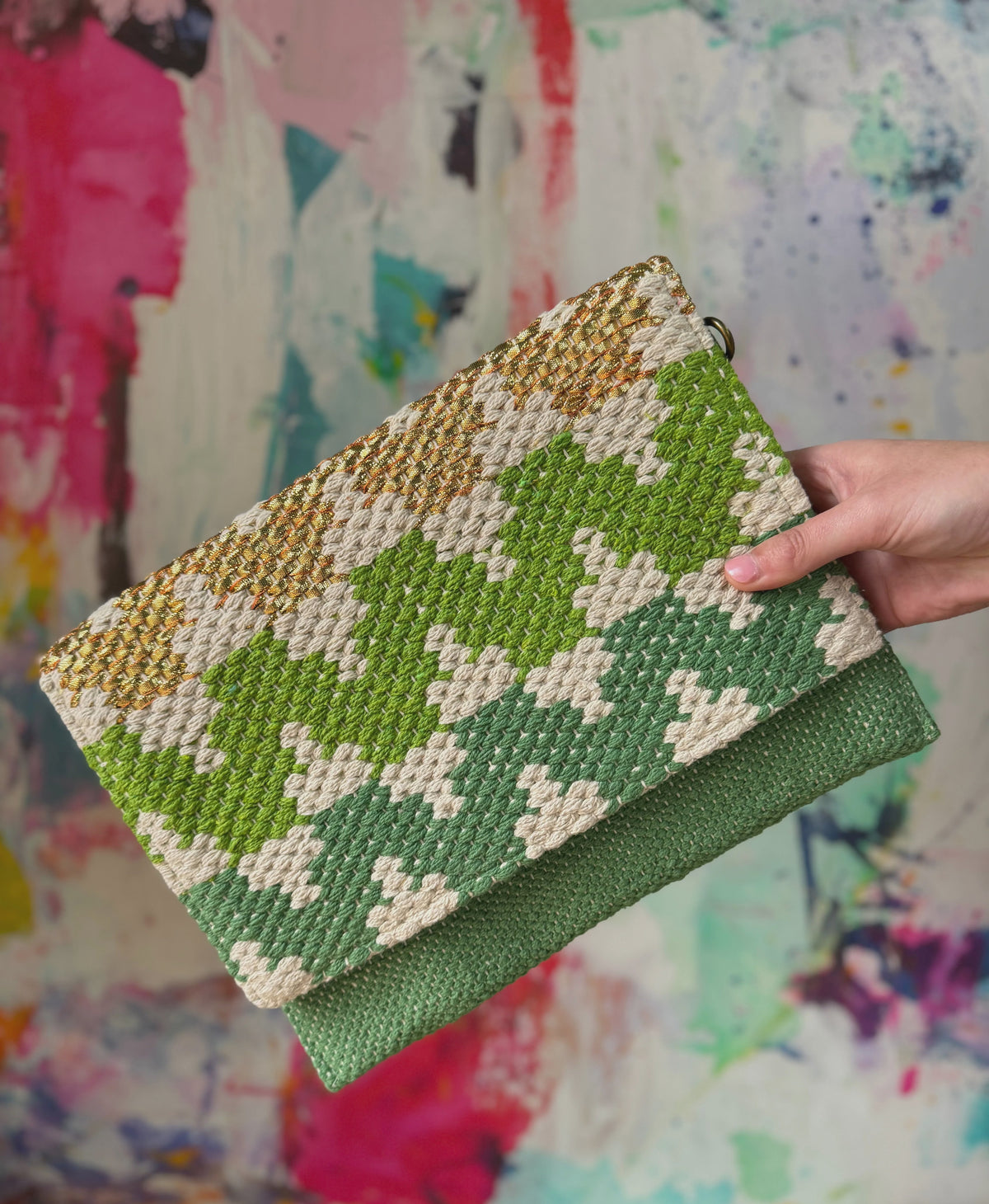 Metallic Woven Envelope Clutch - Green