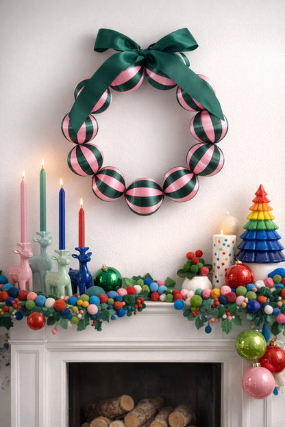 Silk Ball Christmas Wreath - Green &amp; Pink