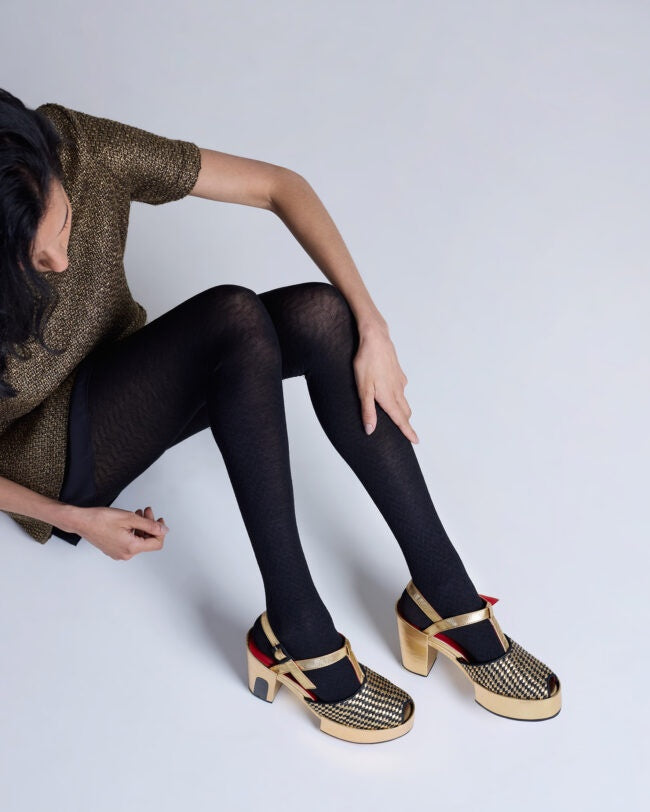 Herringbone Merino Wool Tights - Black