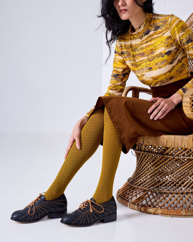 Herringbone Merino Wool Tights - Mustard