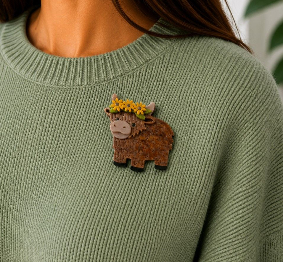 Highland Sunflower Cow Iris Brooch
