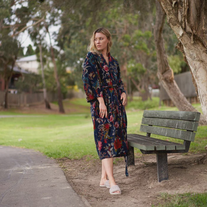 Blue Floral Velvet Kimono Robe
