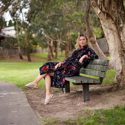 Blue Floral Velvet Kimono Robe