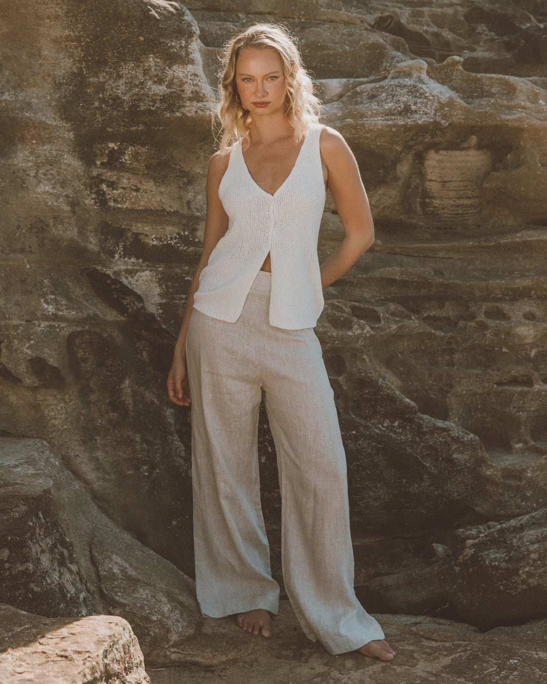 Oatmeal Flat Front Linen Pants