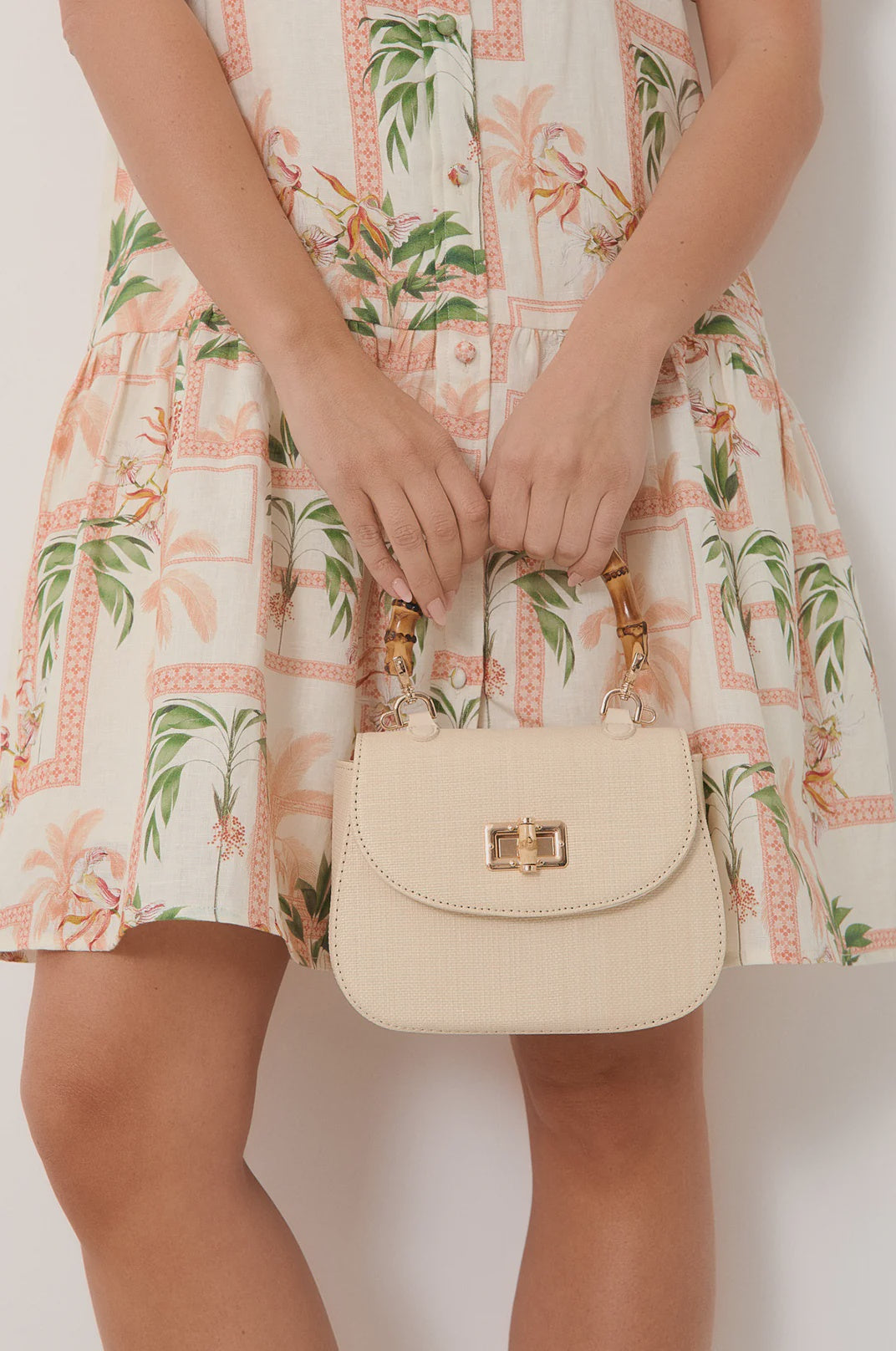 Marissa Woven Bamboo Curved Mini Bag - Cream