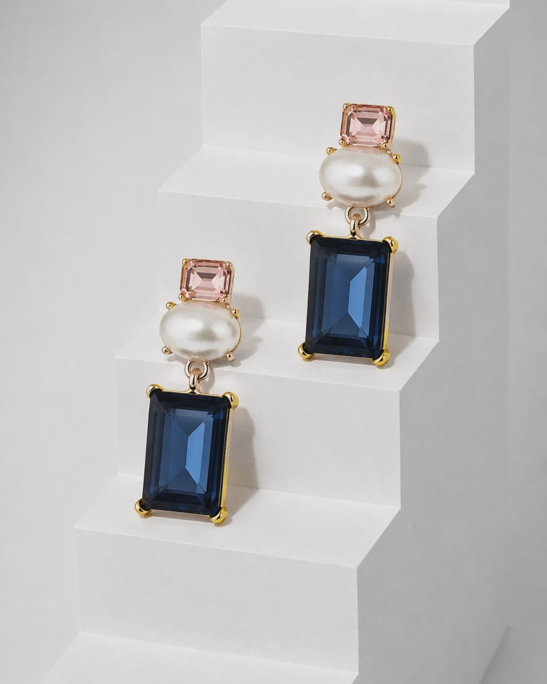 Matilda Geometric Crystal and Faux Pearl Earrings in Pink and Navy