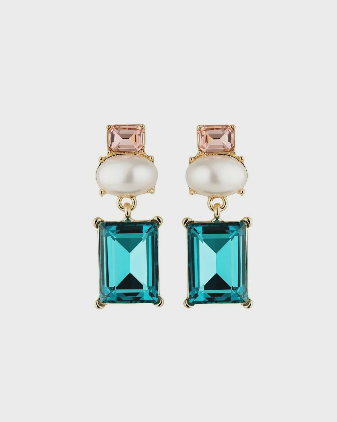 Matilda Geometric Crystal and Faux Pearl Earrings in Pink and Teal