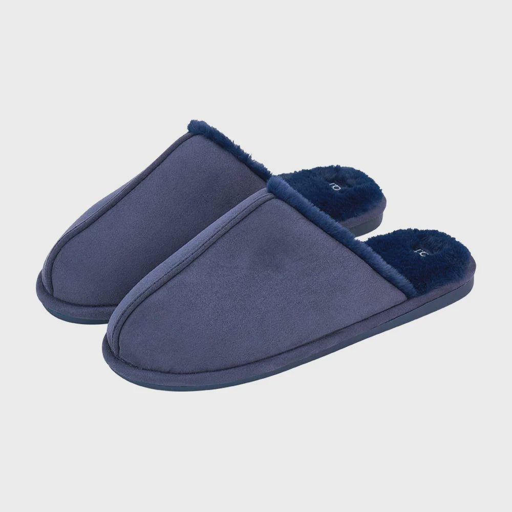 AT Mens Slippers - Cosy Faux Fur Navy Blue