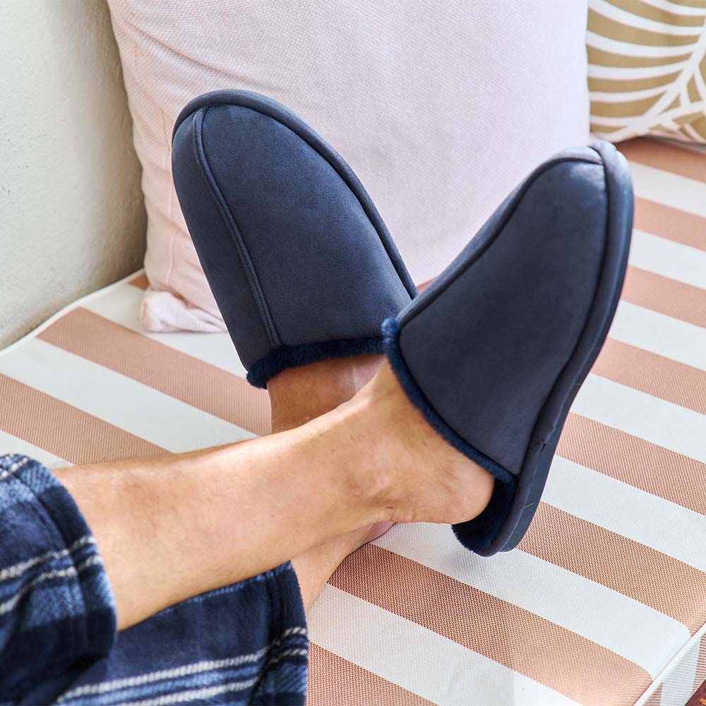 AT Mens Slippers - Cosy Faux Fur Navy Blue