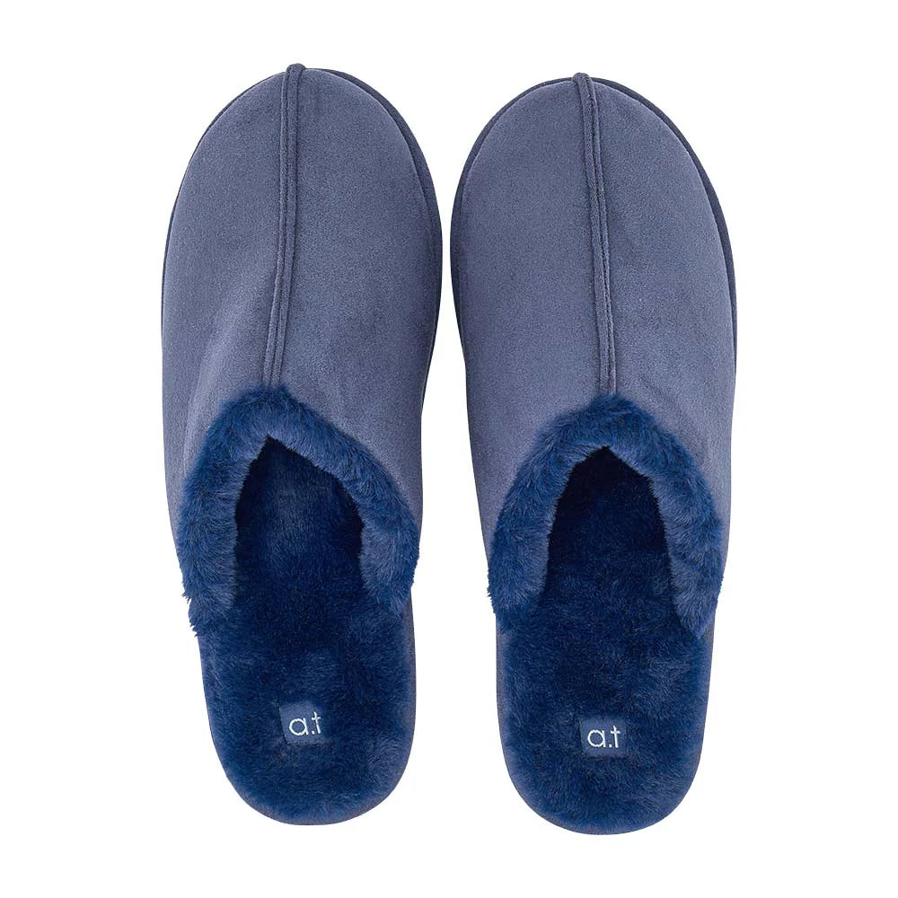 AT Mens Slippers - Cosy Faux Fur Navy Blue