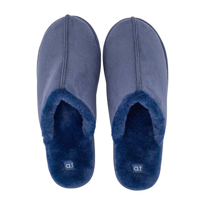 AT Mens Slippers - Cosy Faux Fur Navy Blue