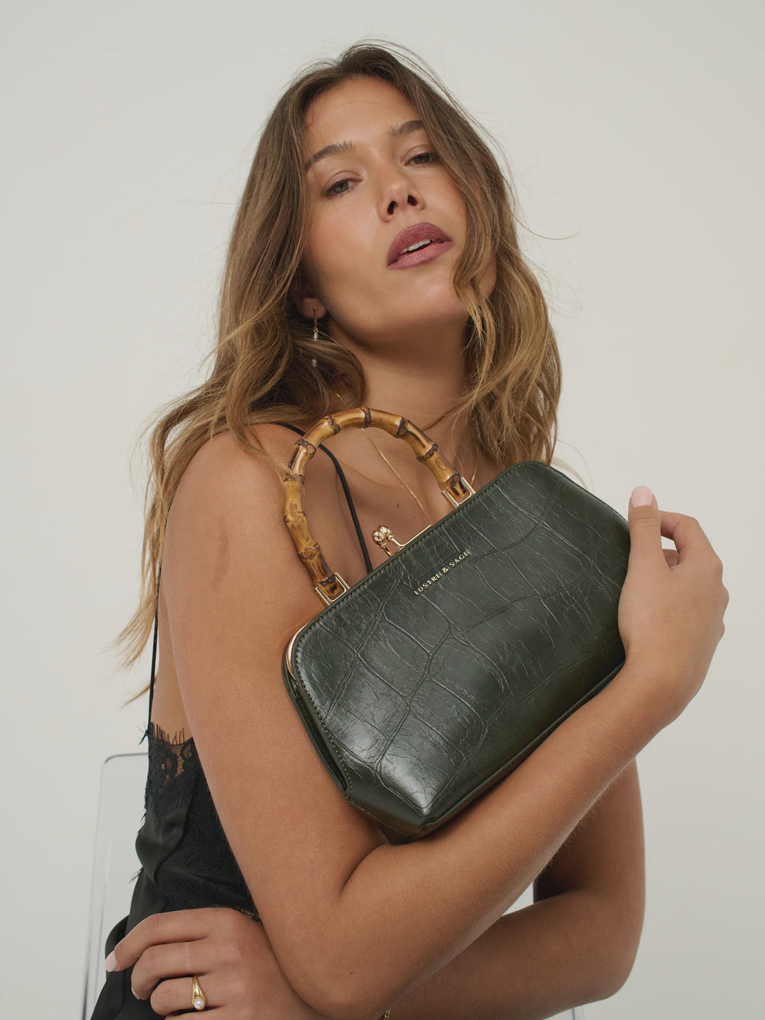 Palmier Green Bamboo Handle Handbag
