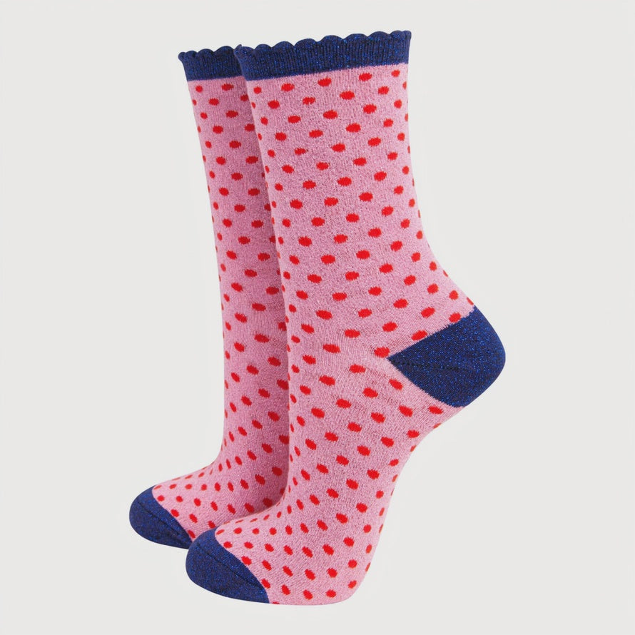Polka Dot Cotton Glitter Socks in Pink Red