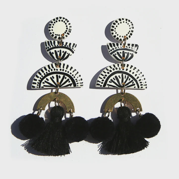 Hand Painted Pom Pom Earrings - Black