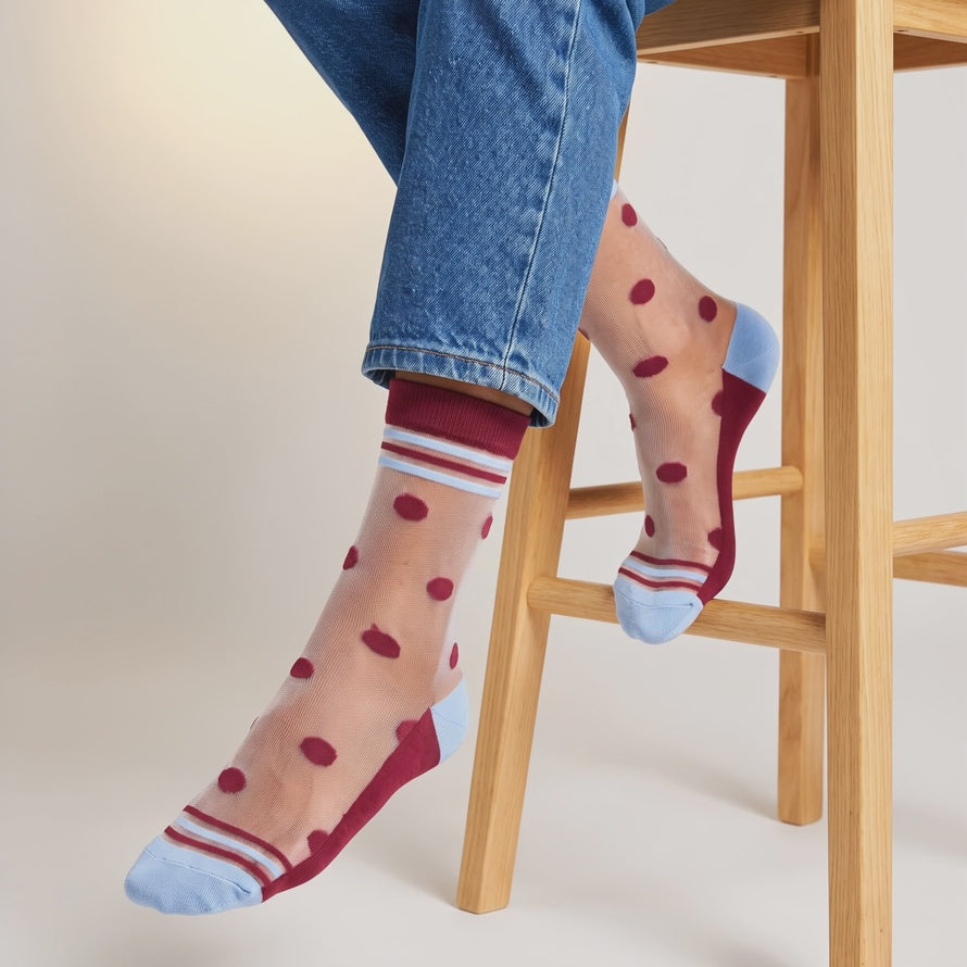 Polka Dot Stripe Sheer Socks in Red &amp; Icy Blue
