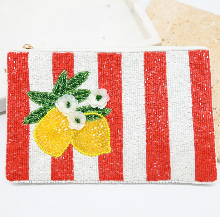 Red Stripe Lemon Beaded Clutch