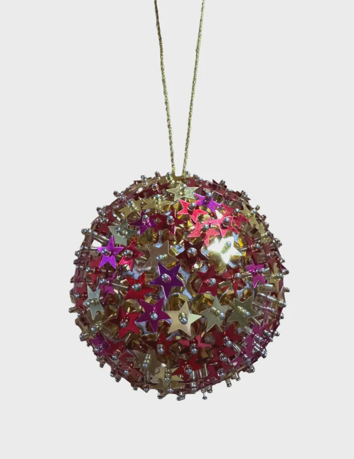 Star and Sequin Christmas Bauble Decoration - Red, Pink &amp; Gold