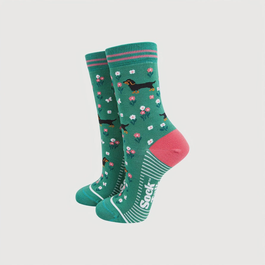 Sausage Dog Floral Bamboo Socks in Green
