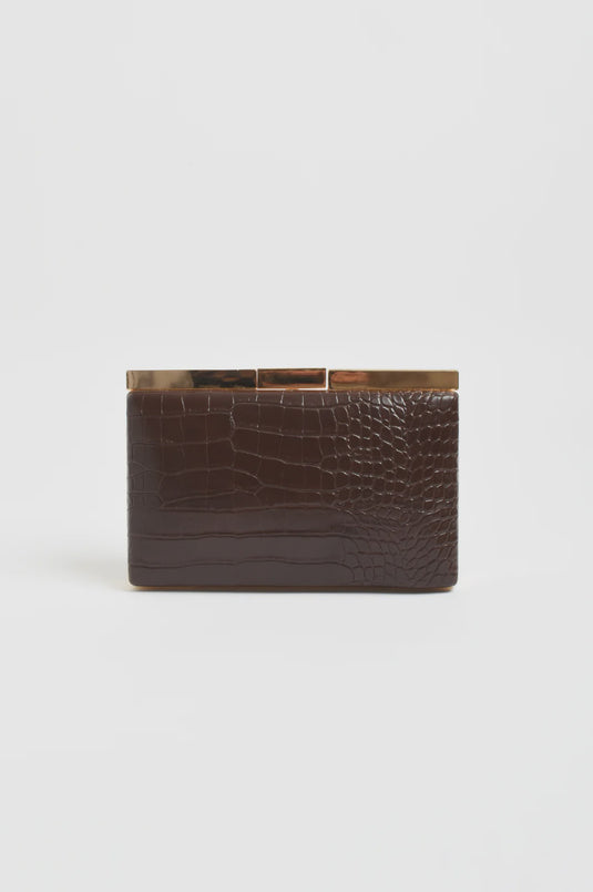 Adorne Savina Croc Structured Clutch in Choc AVD1751