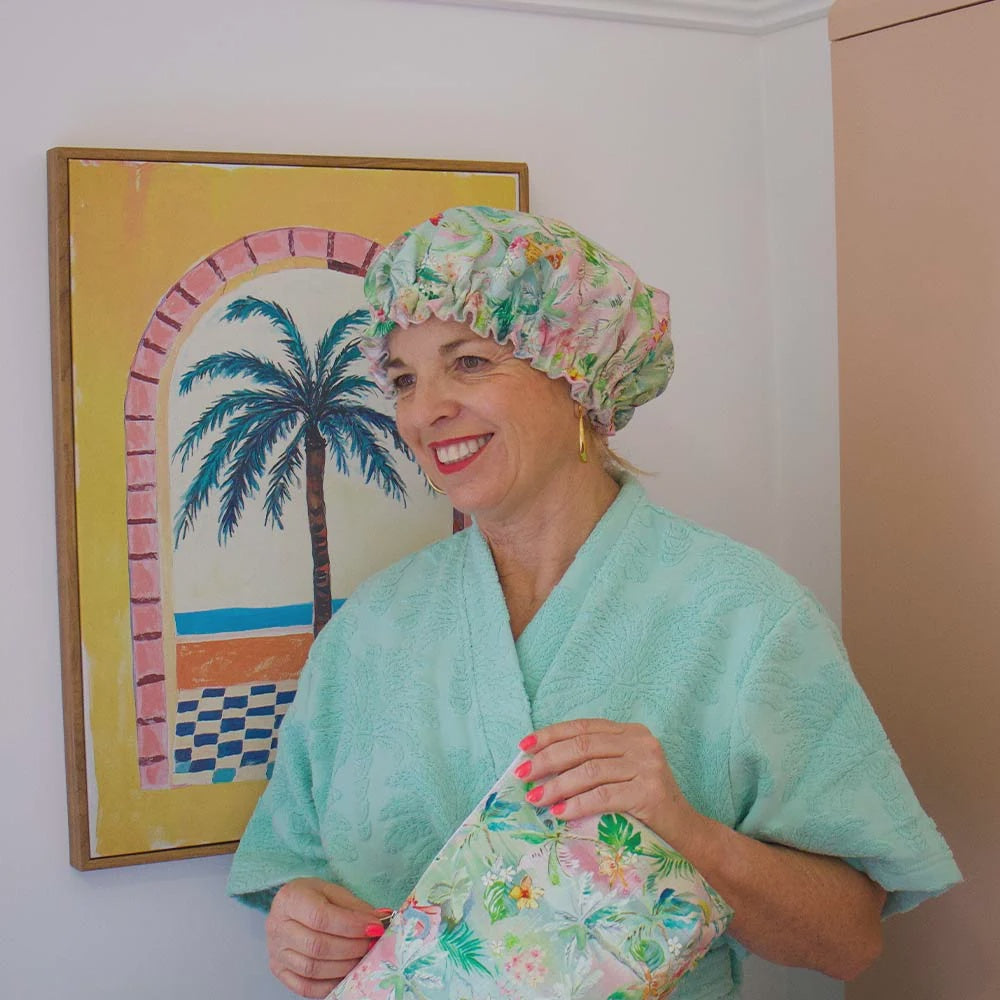 Linen/Cotton Shower Cap - Tiki Island