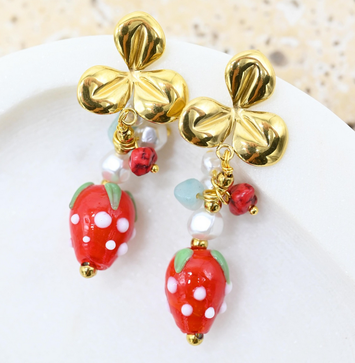 Strawberry Clover Ceramic Earrings