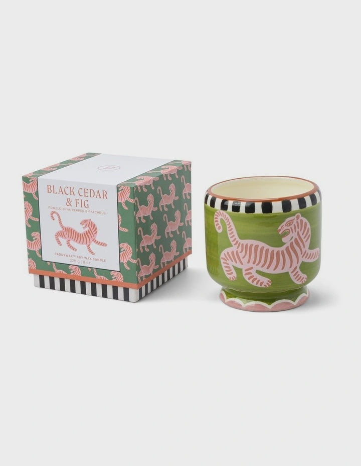 Tiger Ceramic Candle - Black Cedar and Fig