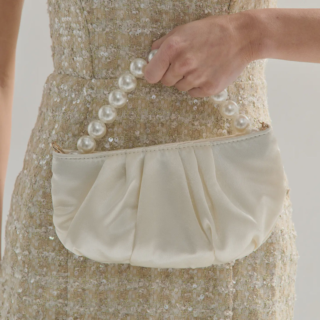 Victoria Satin Pearl Strap Bag in White