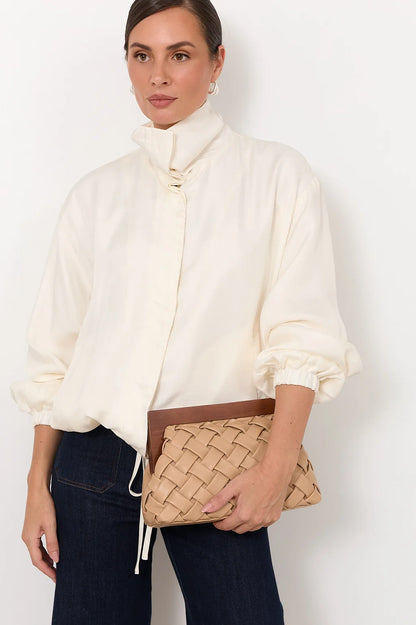 Vivienne Weave Timber Frame Clutch - Camel