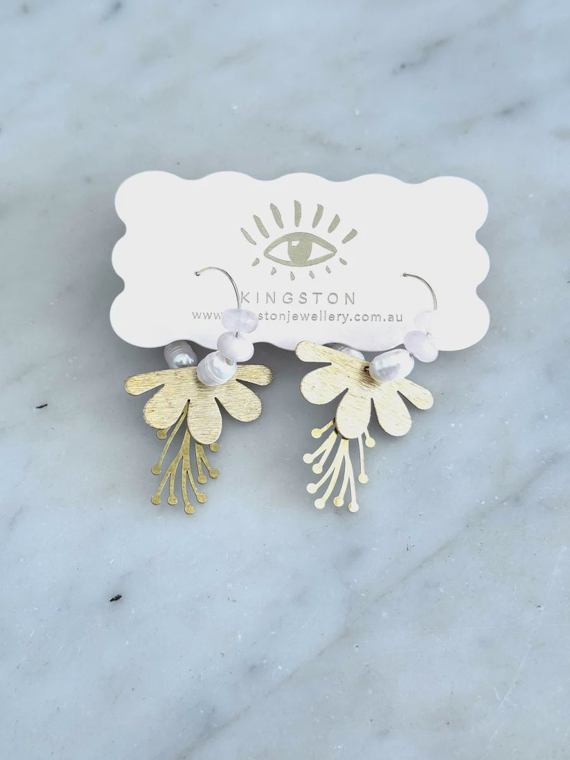 White Flower Brass Hoops