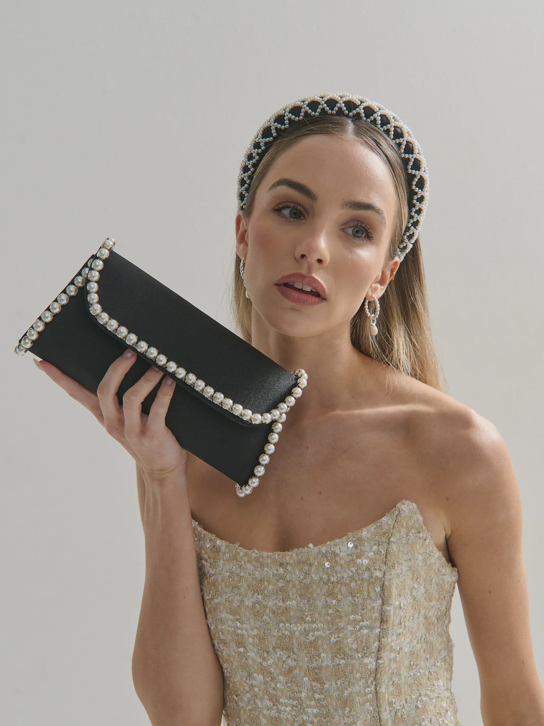 Yvette Pearl Trim Clutch - Black
