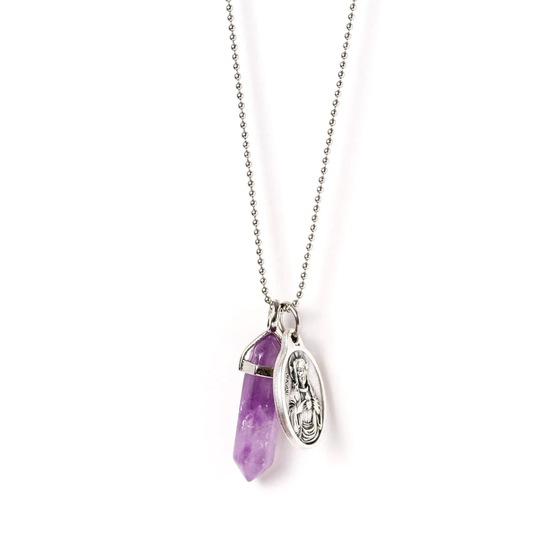 Amethyst &amp; Guardian Angel Silver Necklace
