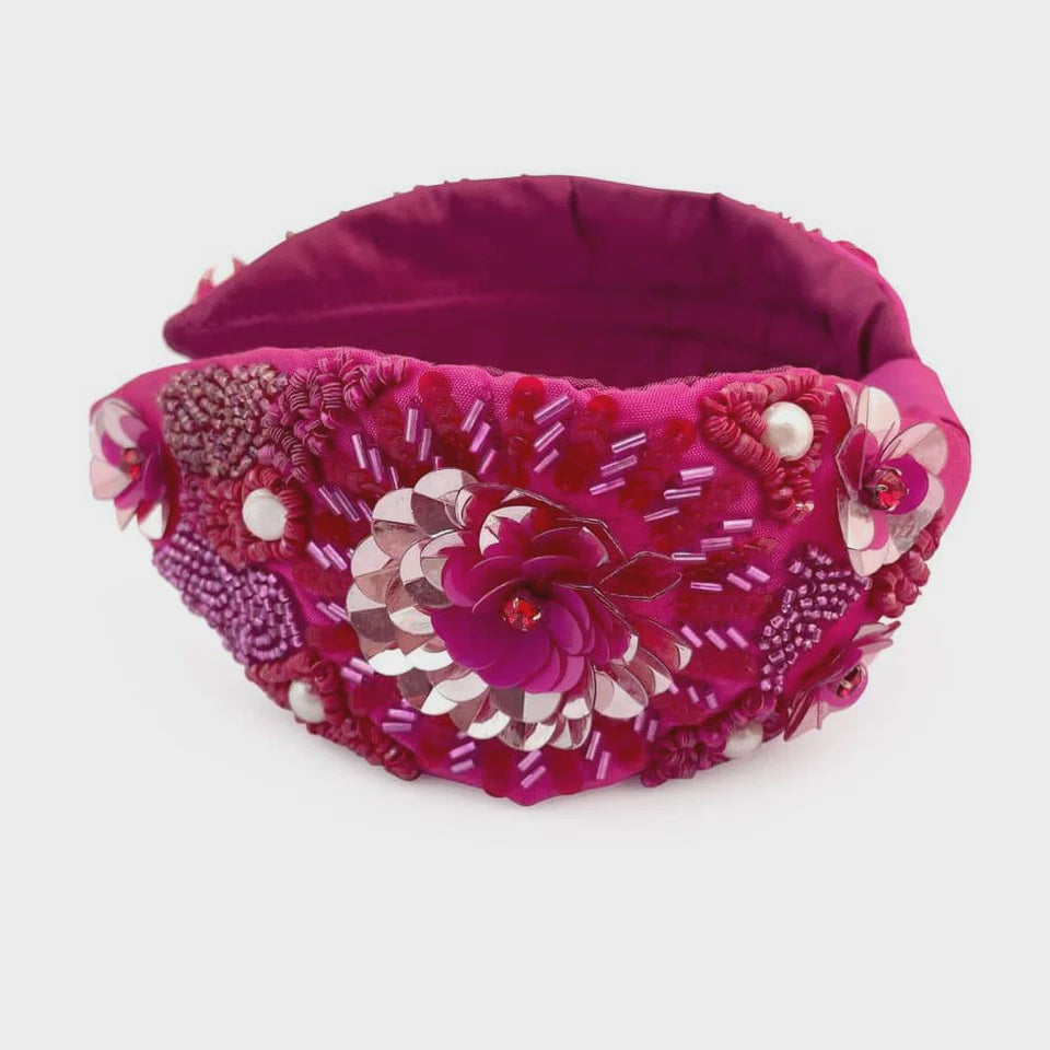 Beaded Floral Knot Headband - Magenta