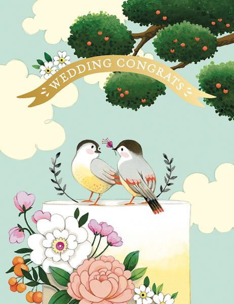 Birds On a Cake Wedding Foil Greeting Card