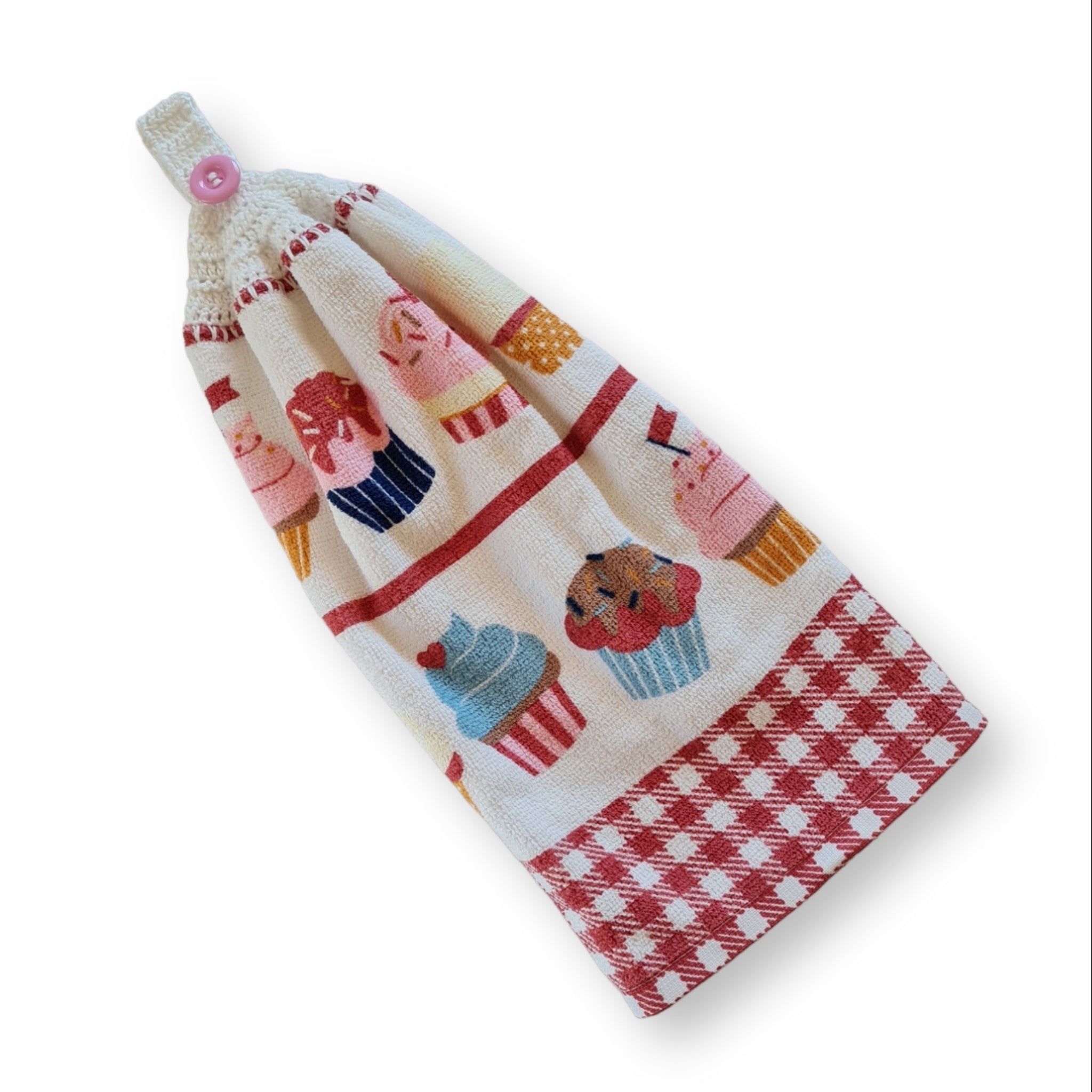Cupcakes in a row crochet topped double thickness hanging kitchen hand towel